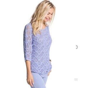 Chico's Size 1 (M/8) Lilac Crochet Knit Pullover Sweater Sheer Lined 3/4‎ Sleeve